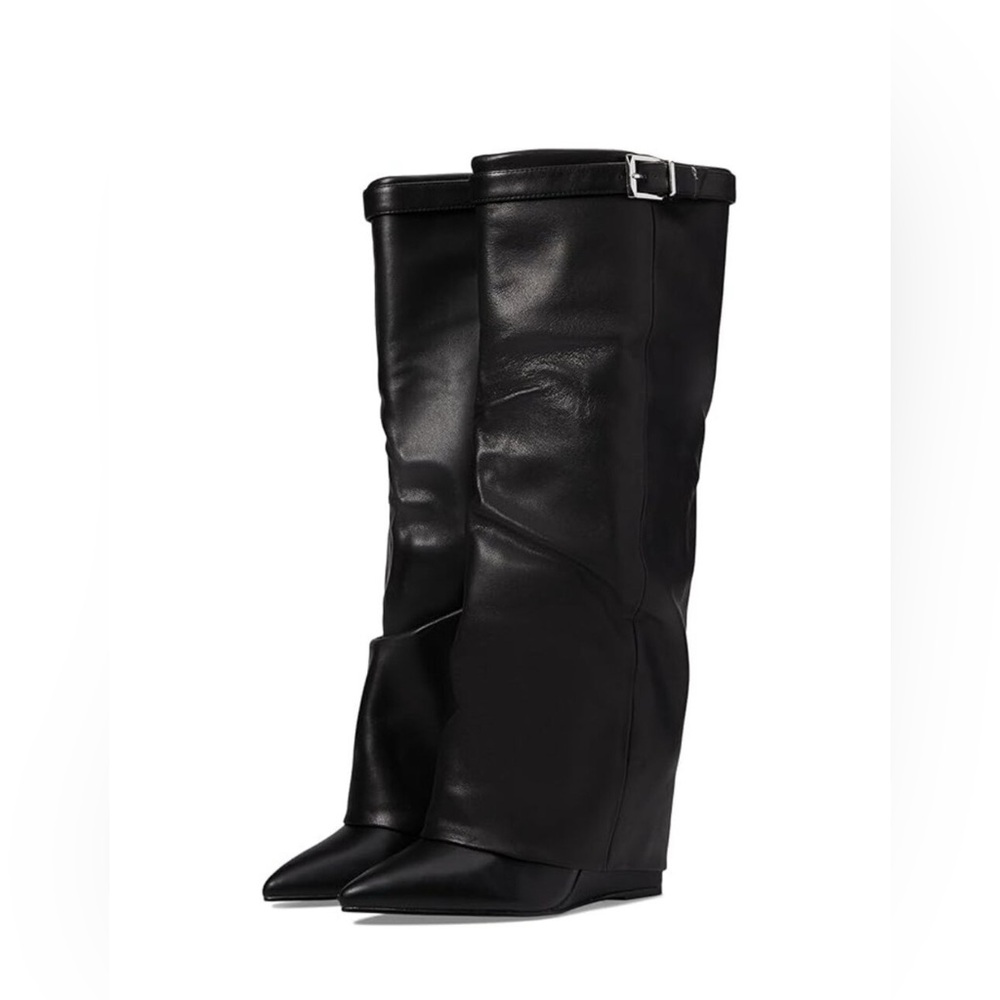 Steve Madden Shoes Corenne Black Leather Wedge Heeled Knee High Boots